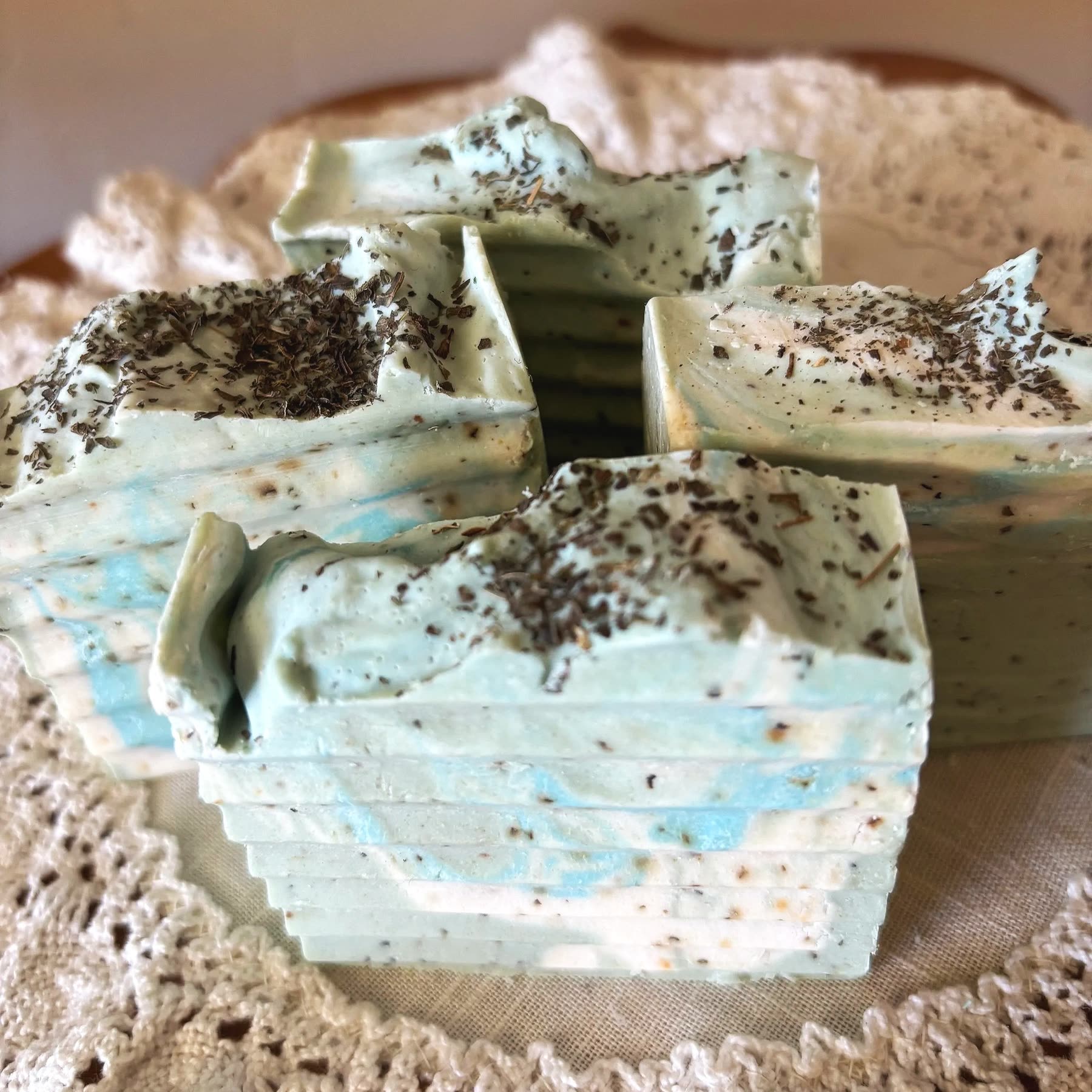 Fresh mint soap bars flecked with mint