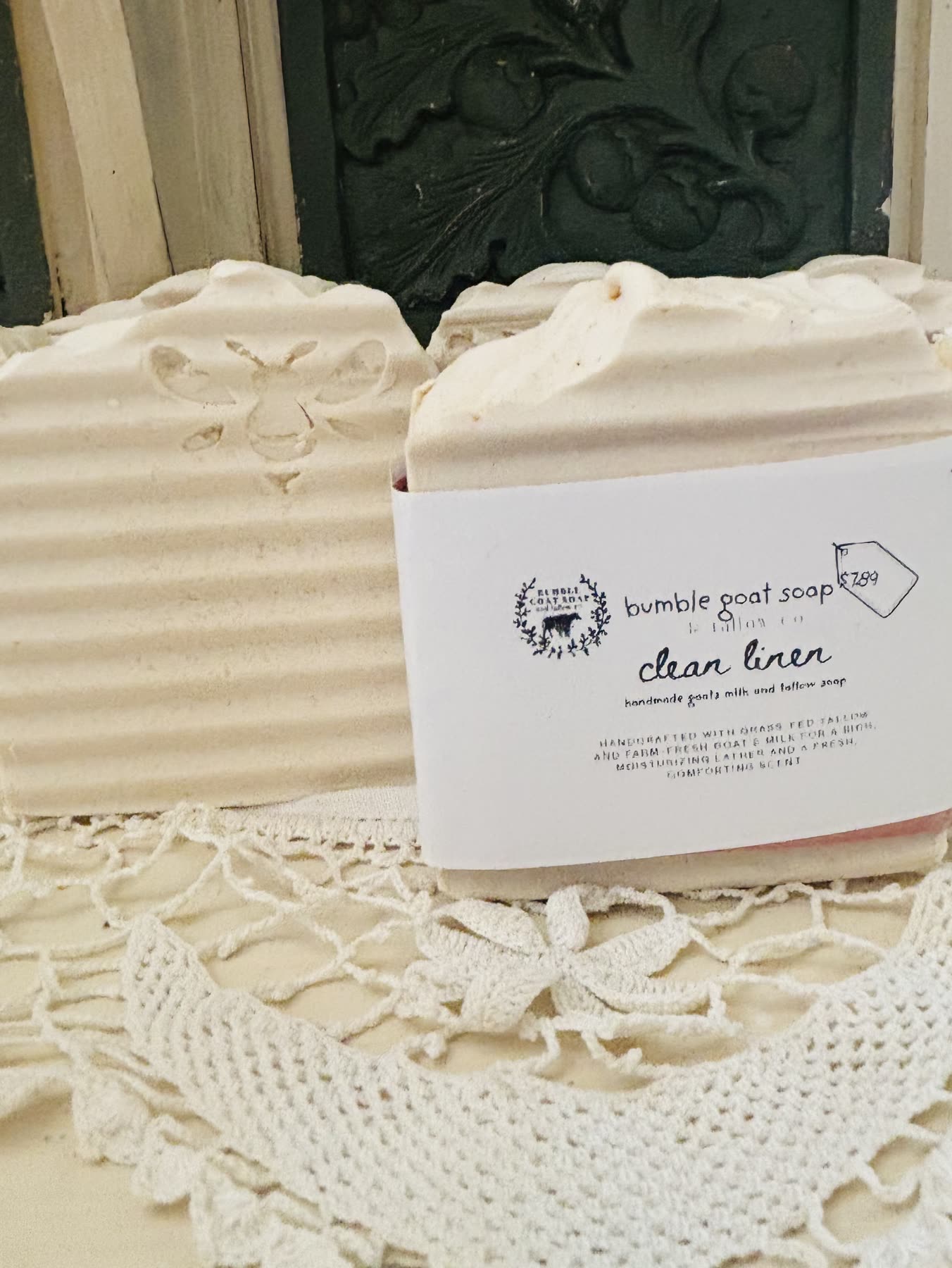Clean linen soap bars on a lace doily