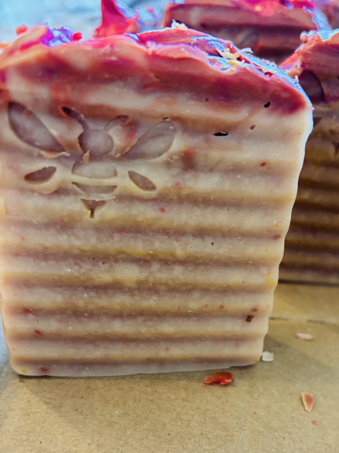 A freshly cut bar of swirled soap